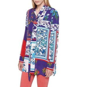 Escada Sport Printed Silk Blend Blouse Blue Floral Neck Tie Button Front Size 38